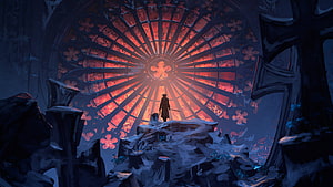 Lady Maria from Bloodborne Standing Before a Glowing Rose Window in a Dark Cathedral HD wallpaper