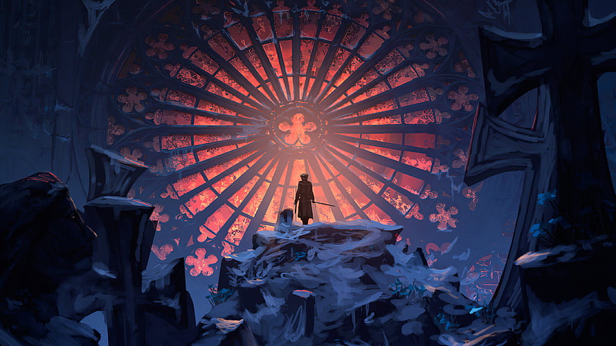 Lady Maria from Bloodborne Standing Before a Glowing Rose Window in a Dark Cathedral HD wallpaper