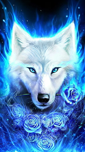 Mystical White Wolf with Blue Flames and Glowing Roses Fantasy Digital Art HD phone wallpaper