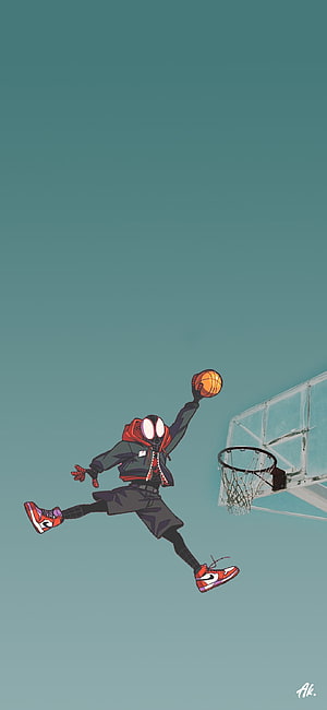 Miles Morales in Streetwear Performing a Mid-Air Basketball Dunk Against a Teal Sky HD phone wallpaper