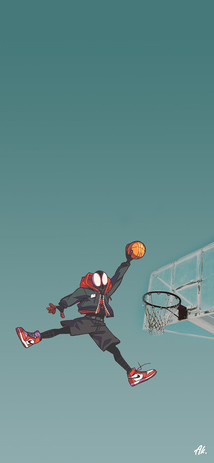 Miles Morales in Streetwear Performing a Mid-Air Basketball Dunk Against a Teal Sky HD phone wallpaper