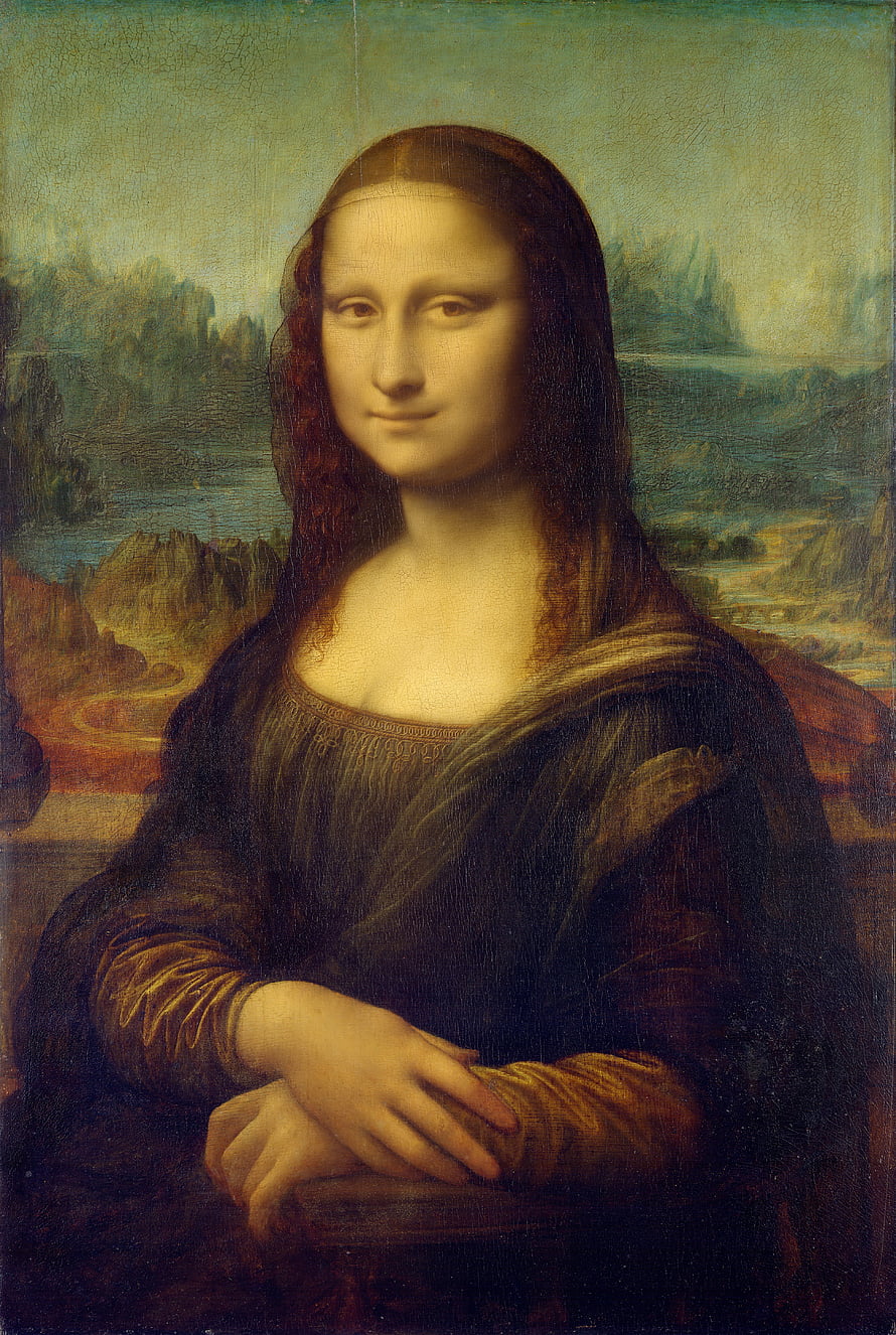 Mona Lisa Portrait by Leonardo da Vinci with Mysterious Smile and Landscape Background HD phone wallpaper