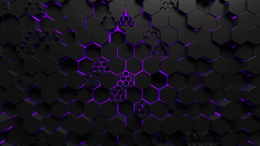 Abstract 3D Hexagonal Grid With Glowing Purple Neon Lines On Black Background HD wallpaper