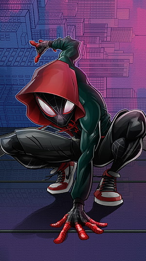 Miles Morales Spider-Man Crouching in Hooded Suit Against Neon City Skyline, Miles Morales, Marvel, Spider Man HD phone wallpaper