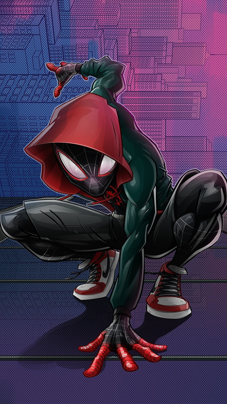 Miles Morales Spider-Man Crouching in Hooded Suit Against Neon City Skyline, Miles Morales, Marvel, Spider Man HD phone wallpaper