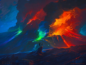 Lone Figure on Rocky Outcrop Before Volcanic Eruption and Glowing Lava Flows HD wallpaper