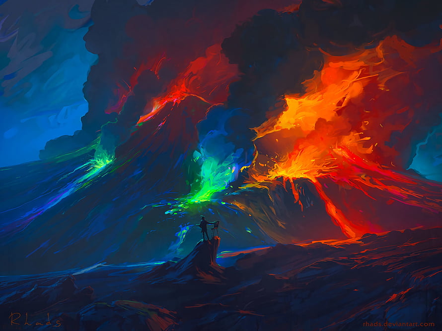 Lone Figure on Rocky Outcrop Before Volcanic Eruption and Glowing Lava Flows HD wallpaper