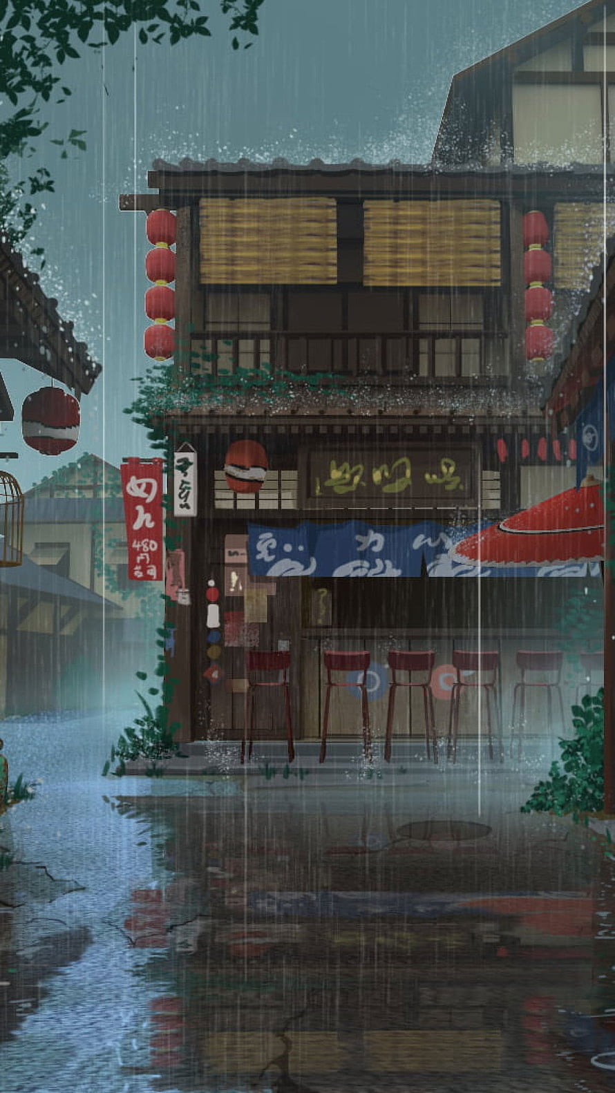 Rainy Japanese Street Scene with Traditional Sake House and Red Lanterns HD phone wallpaper
