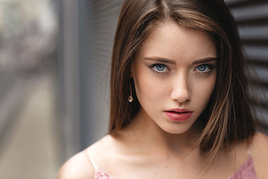 Portrait of a beautiful young woman with blue eyes and brown hair looking at camera, Unknown Model, gorgeous, model, beautiful, woman HD wallpaper