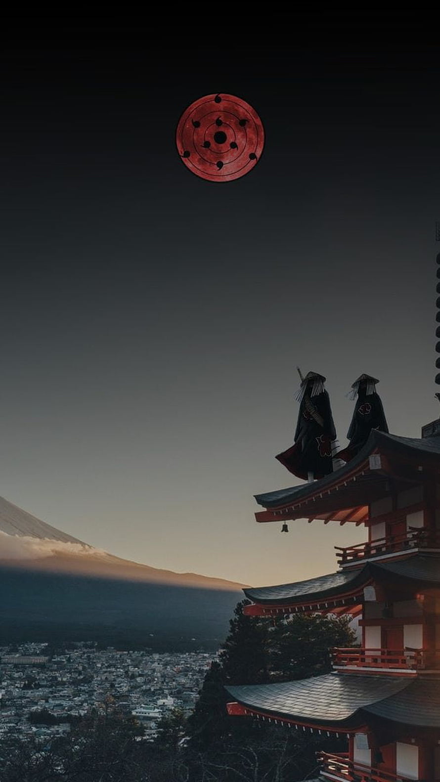 Akatsuki members standing on a traditional Japanese temple roof with the Infinite Tsukuyomi moon in the sky HD phone wallpaper