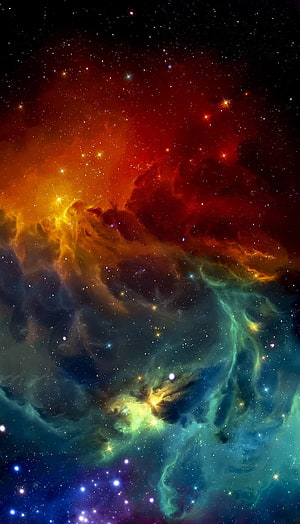 Vibrant Cosmic Nebula with Swirling Red, Orange, and Teal Gas Clouds and Bright Stars HD phone wallpaper