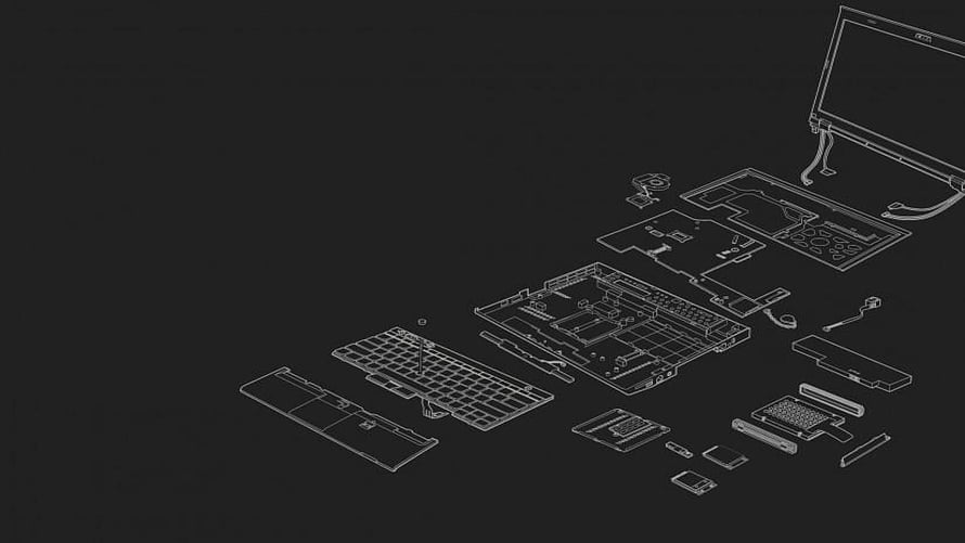 Exploded View Technical Blueprint of Laptop Computer Components and Internal Hardware Structure HD wallpaper
