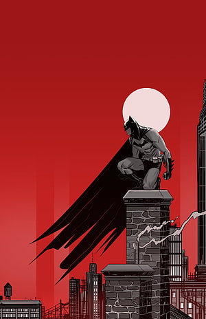 Batman Crouching on Chimney Against Red Sky and Full Moon, Batman and gotham, minimal, artwork HD phone wallpaper