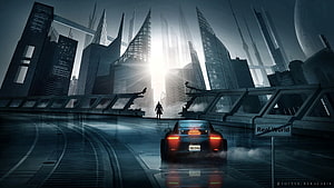 Futuristic Cyberpunk Cityscape With Sports Car And Silhouette HD wallpaper