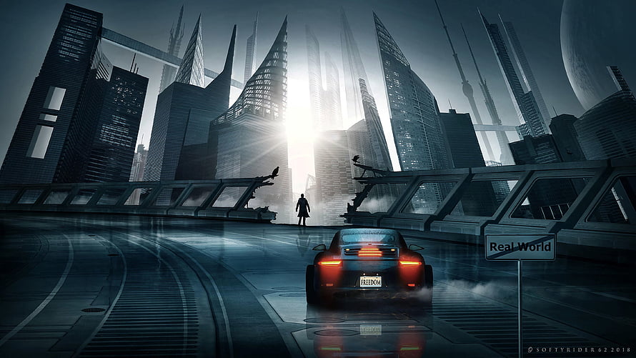 Futuristic Cyberpunk Cityscape With Sports Car And Silhouette HD wallpaper
