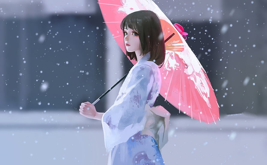 Anime Girl in White Kimono Holding Pink Umbrella in Snowy Winter Scene HD wallpaper