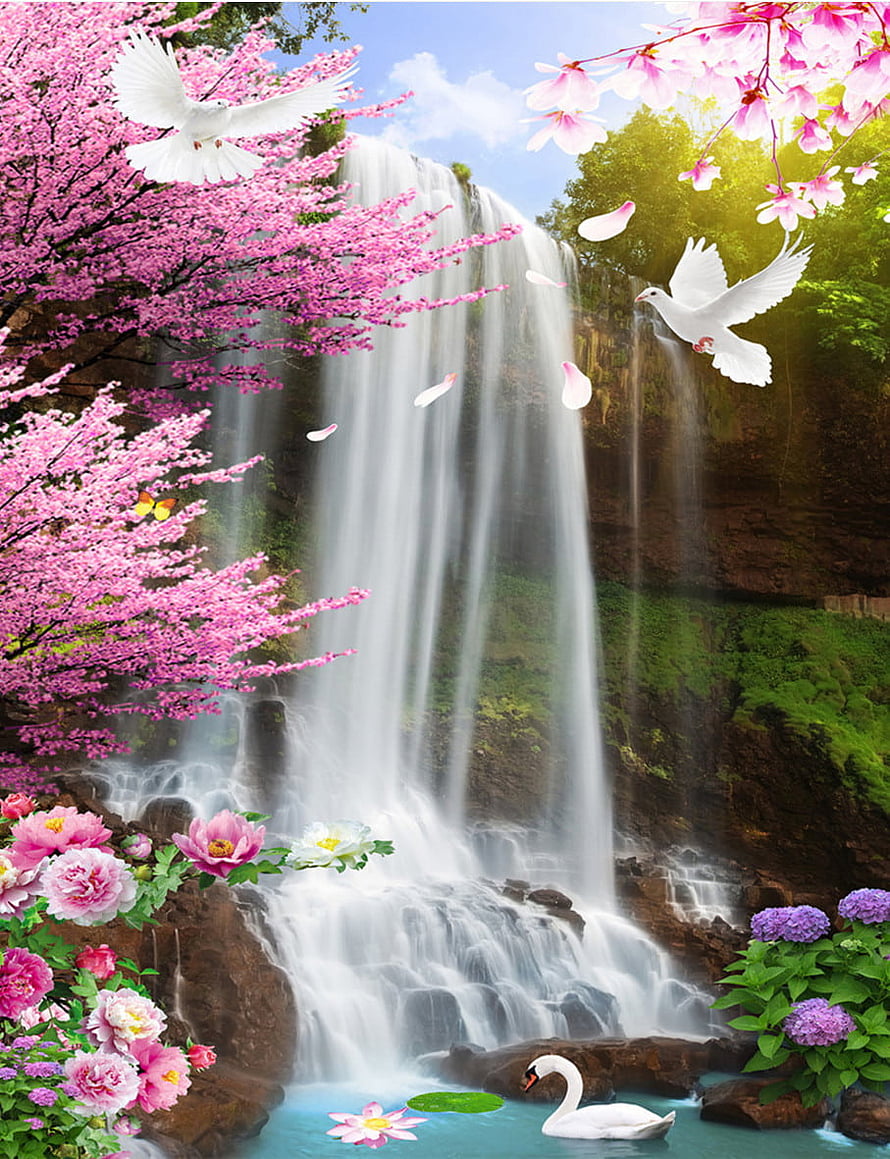 Serene Waterfall with Pink Cherry Blossoms, White Doves, and a Swimming Swan HD phone wallpaper