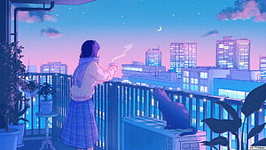 Girl Enjoying Hot Coffee on Balcony with Cat Under Starry Night Sky HD wallpaper