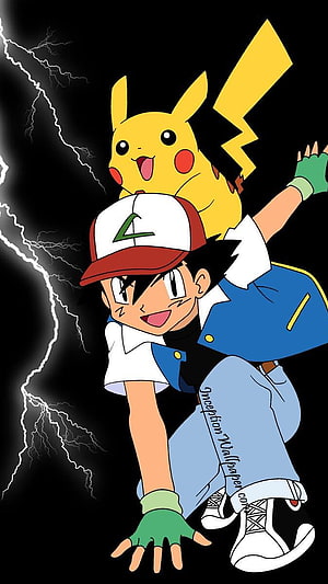 Ash Ketchum and Pikachu in Dynamic Action Pose with Lightning Background HD phone wallpaper