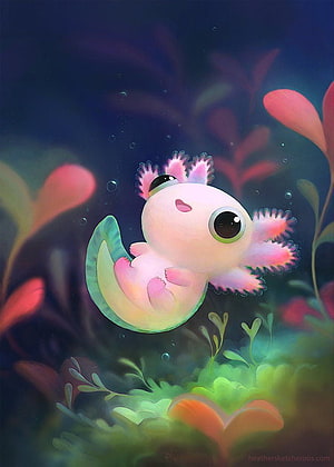 Cute Pink Axolotl Swimming in Colorful Underwater Scene with Seaweed HD phone wallpaper
