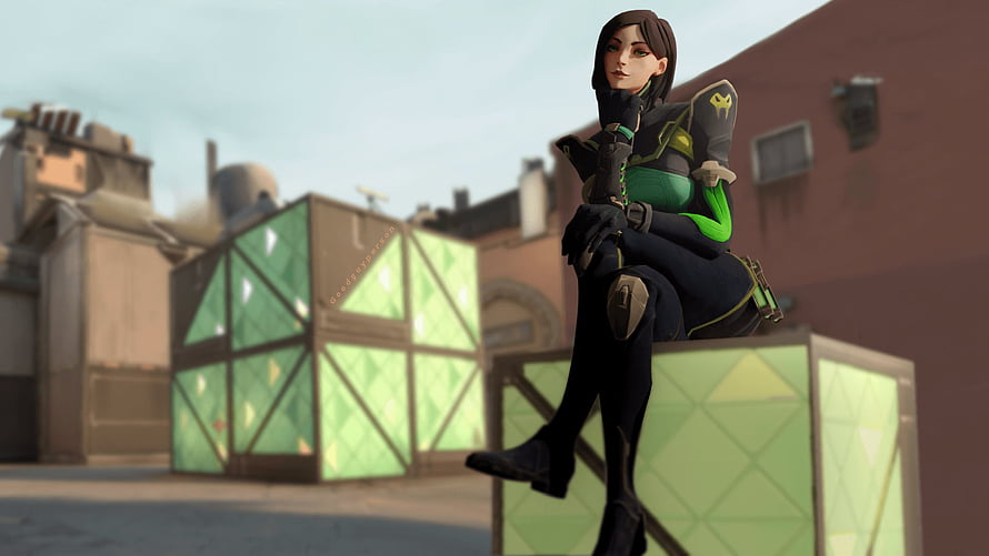 Viper from Valorant Sitting on a Crate in an Urban Map Setting HD wallpaper