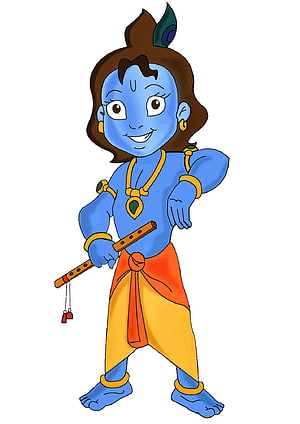 Cute Cartoon Baby Krishna Holding Flute with Peacock Feather Crown and Traditional Attire HD phone wallpaper