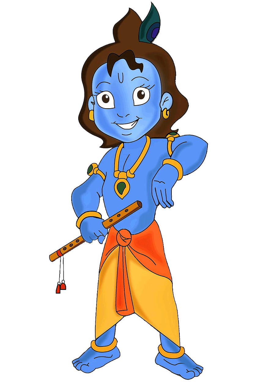 Cute Cartoon Baby Krishna Holding Flute with Peacock Feather Crown and Traditional Attire HD phone wallpaper