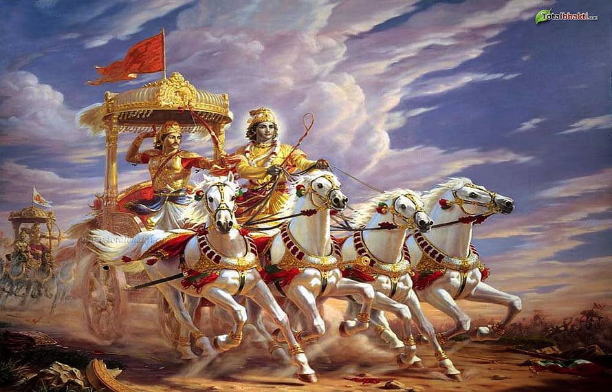 Krishna and Arjuna in the Divine Chariot of the Mahabharata War HD wallpaper