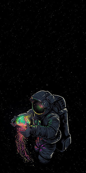 Astronaut Holding Glowing Neon Jellyfish in Deep Space HD phone wallpaper