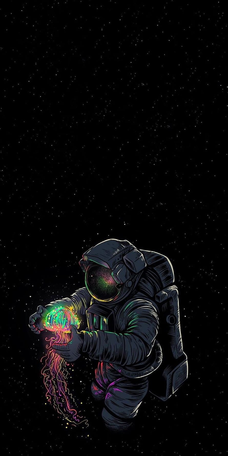Astronaut Holding Glowing Neon Jellyfish in Deep Space HD phone wallpaper