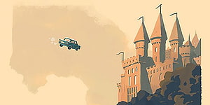 Vintage Flying Car Soaring Past a Majestic Castle in Retro Illustration HD wallpaper