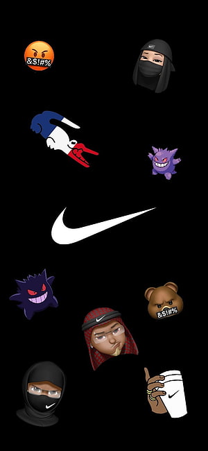 Nike Swoosh Logo With 3D Memoji Faces And Gengar On Black Background HD phone wallpaper