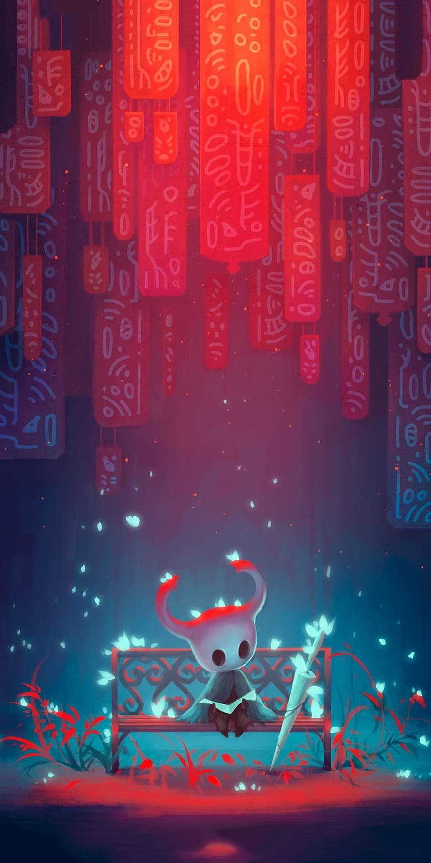 Hornet from Hollow Knight sitting on a bench surrounded by glowing butterflies and red talismans, Hollow Knight , Hollow Knight HD phone wallpaper