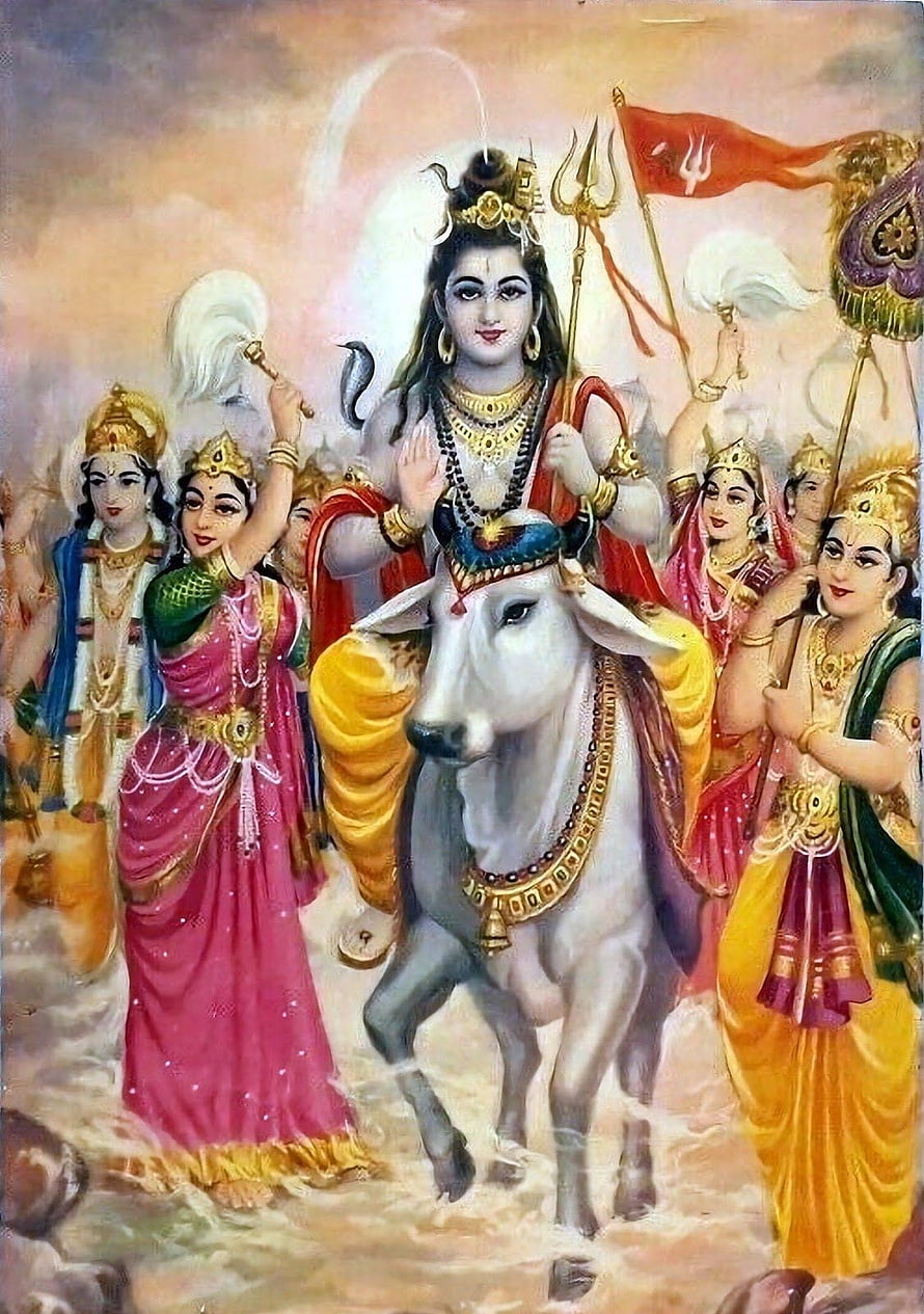 Goddess Durga Riding Nandi Bull with Divine Attendants in Traditional Indian Art HD phone wallpaper