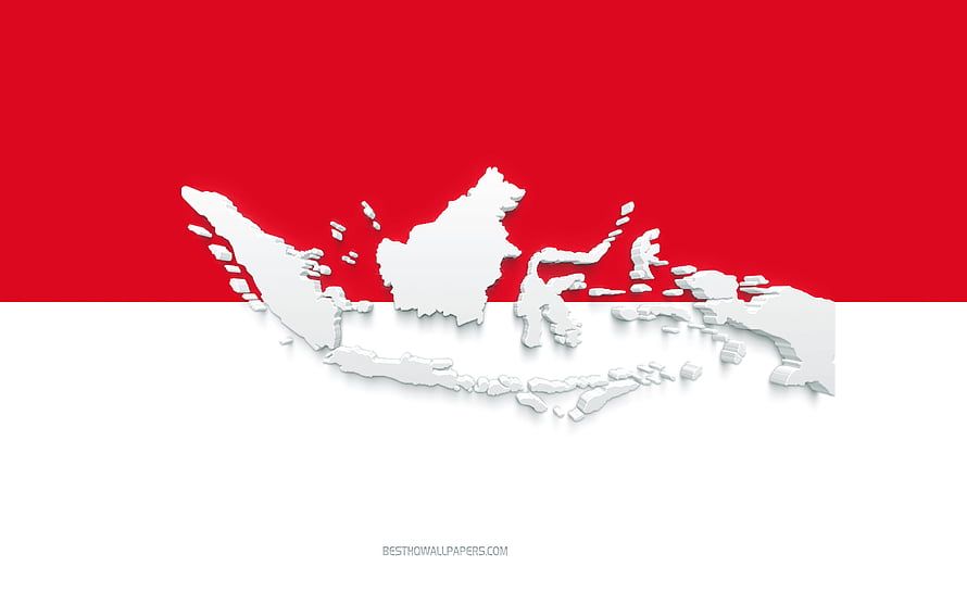 Three-dimensional white map of Indonesia set against the red and white national flag background HD wallpaper