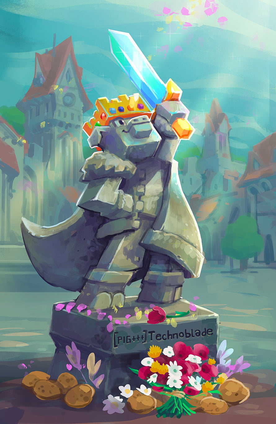 Technoblade Memorial Statue in Minecraft Style with Flowers and Potatoes HD phone wallpaper