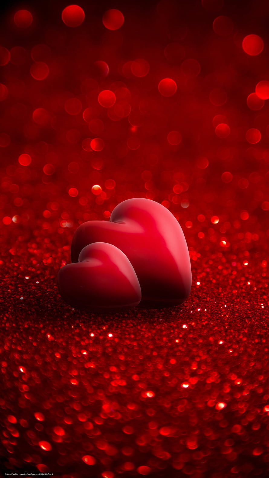 Glossy Red Hearts on Sparkling Glitter Background with Bokeh Lights HD phone wallpaper