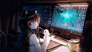 Anime Cat Girl Artist Drawing at Dual Monitors in a Dark Room with Coffee HD wallpaper