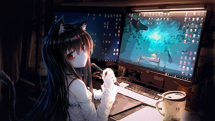 Anime Cat Girl Artist Drawing at Dual Monitors in a Dark Room with Coffee HD wallpaper