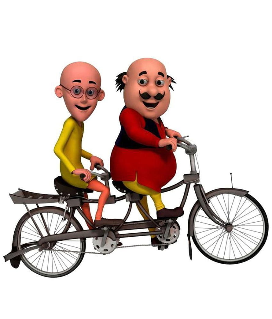 Motu Patlu Riding a Tandem Bicycle Together in 3D Animation Style HD phone wallpaper