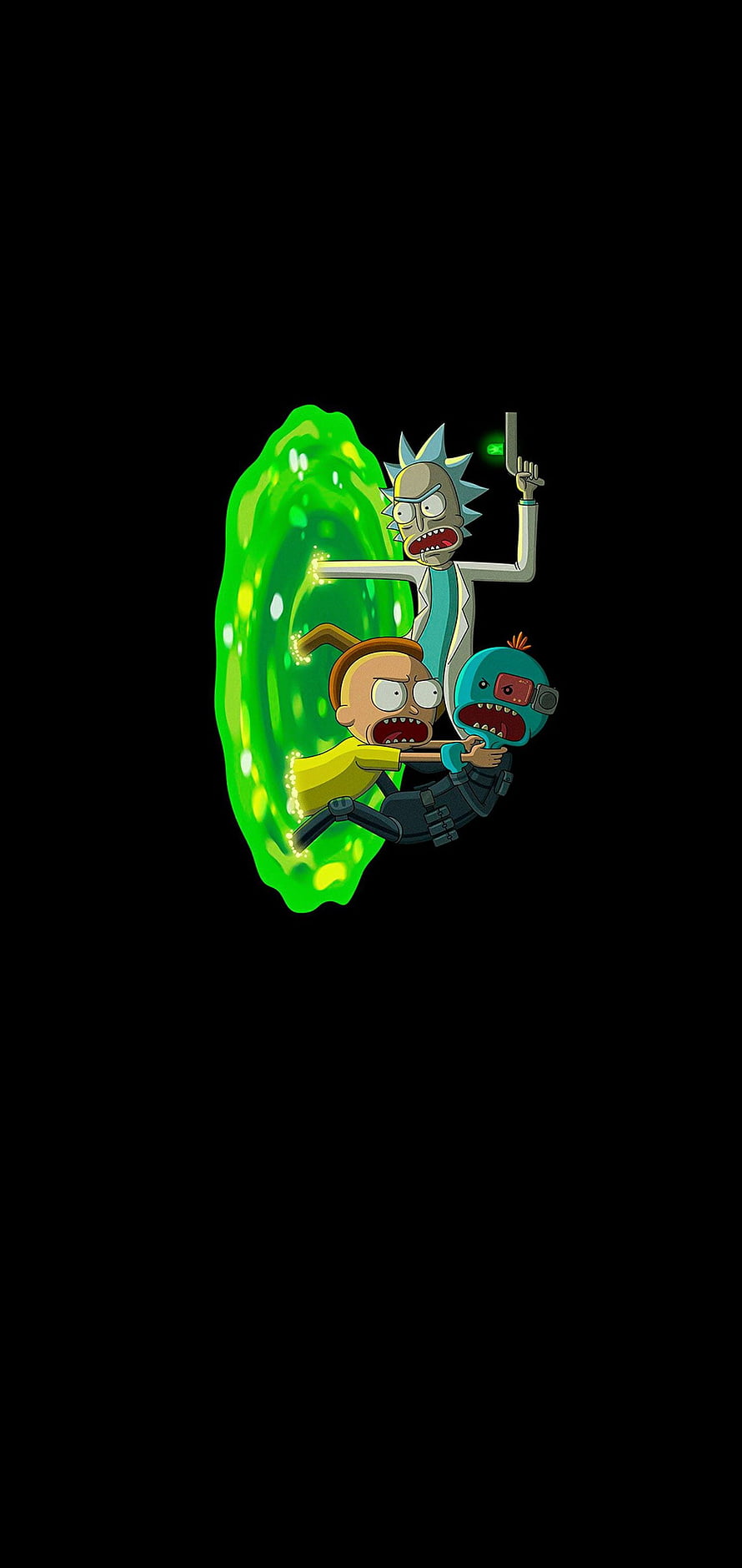 Rick Sanchez and Morty Smith Jumping Through Green Portal With Mr. Meeseeks HD phone wallpaper