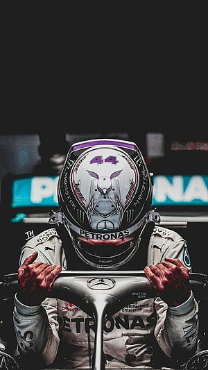 Lewis Hamilton Mercedes F1 Helmet and Racing Suit Portrait HD phone wallpaper