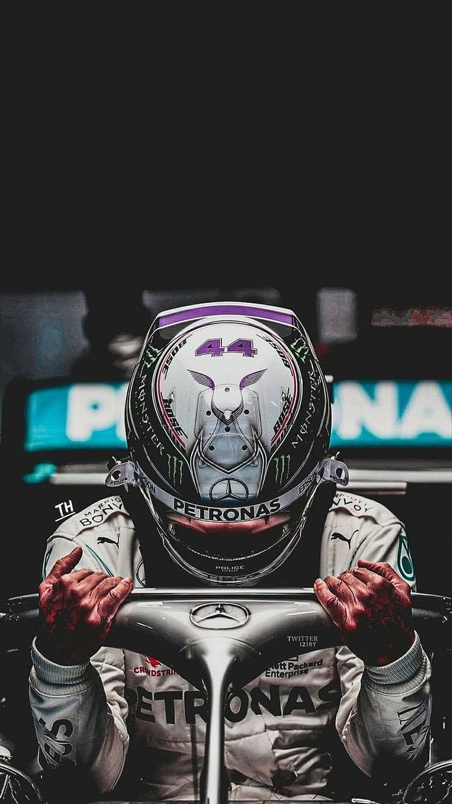 Lewis Hamilton Mercedes F1 Helmet and Racing Suit Portrait HD phone wallpaper