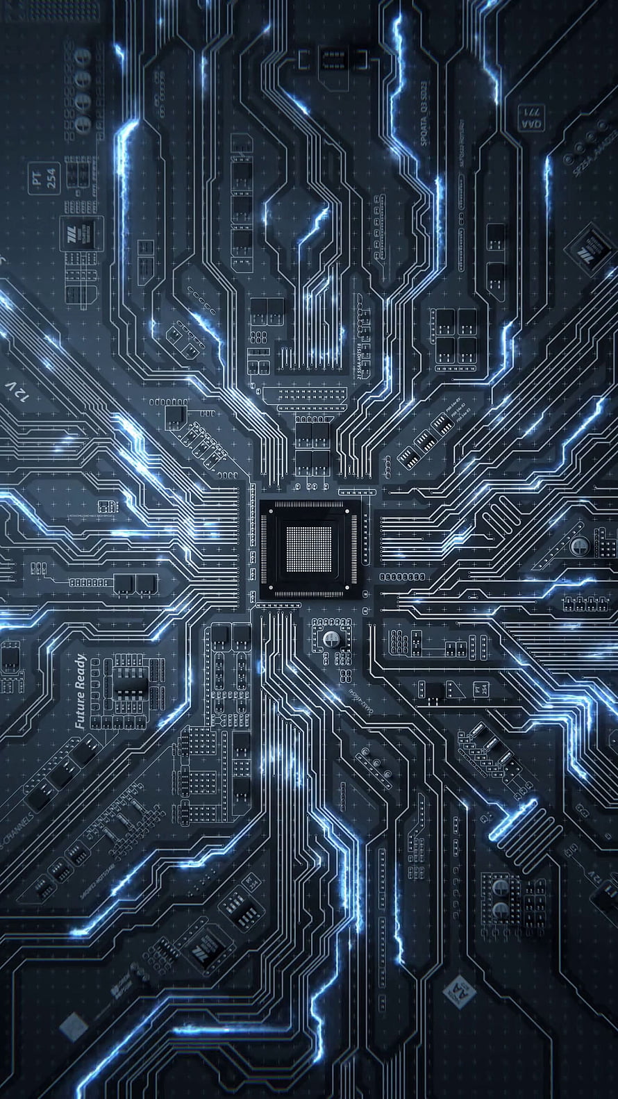Futuristic Blue Circuit Board With Glowing Electronic Traces And Central Processor Chip HD phone wallpaper