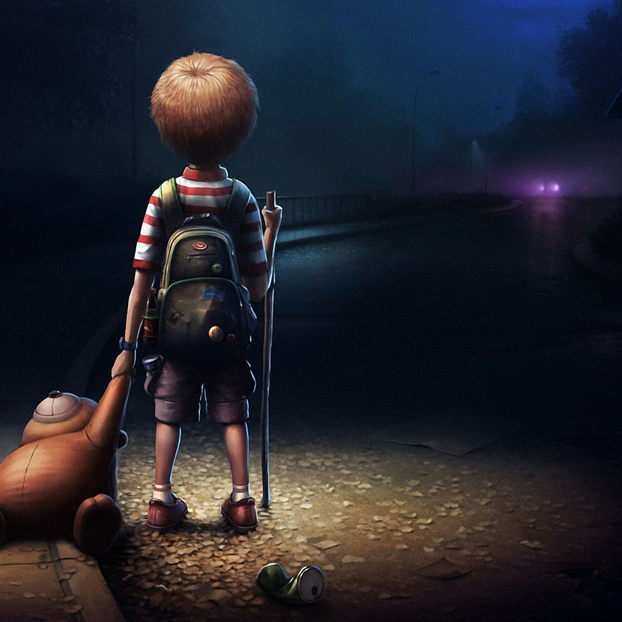 Lonely Boy Standing on Dark Street at Night with Teddy Bear and Walking Stick HD phone wallpaper