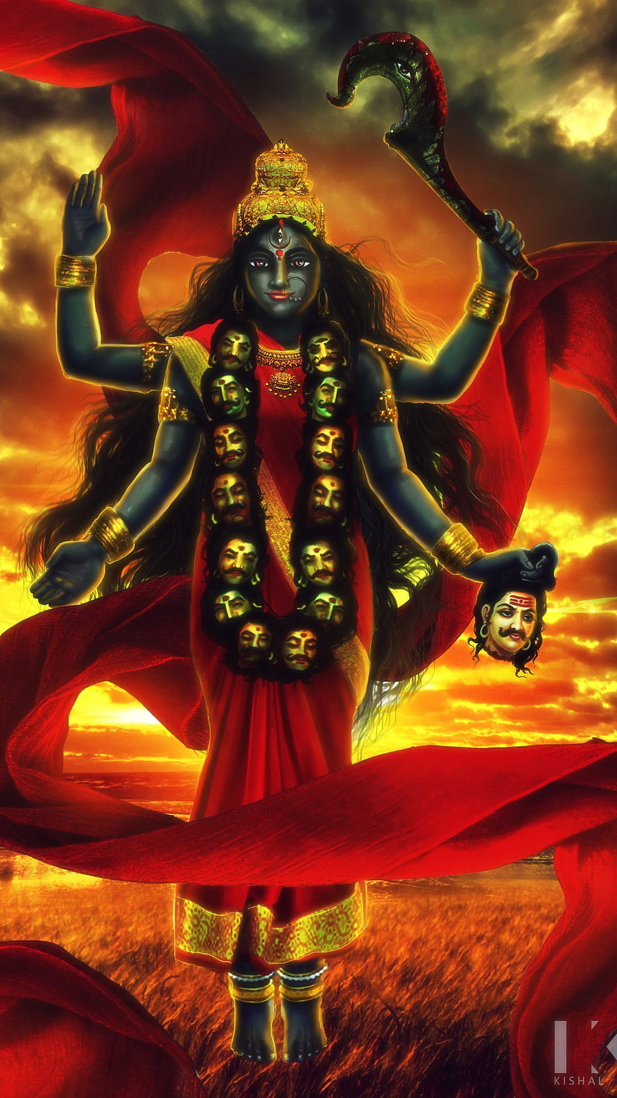 Kali Mata holding severed head with garland of skulls against fiery sunset background HD phone wallpaper