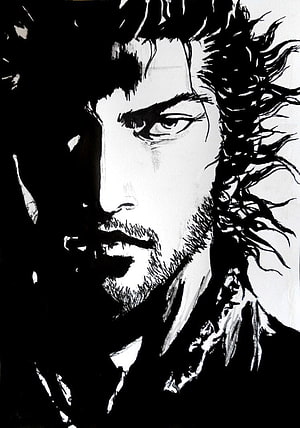 Miyamoto Musashi Black and White Ink Portrait with Intense Gaze and Flowing Hair HD phone wallpaper