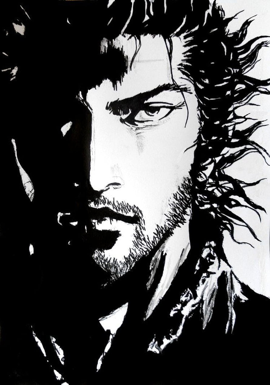 Miyamoto Musashi Black and White Ink Portrait with Intense Gaze and Flowing Hair HD phone wallpaper