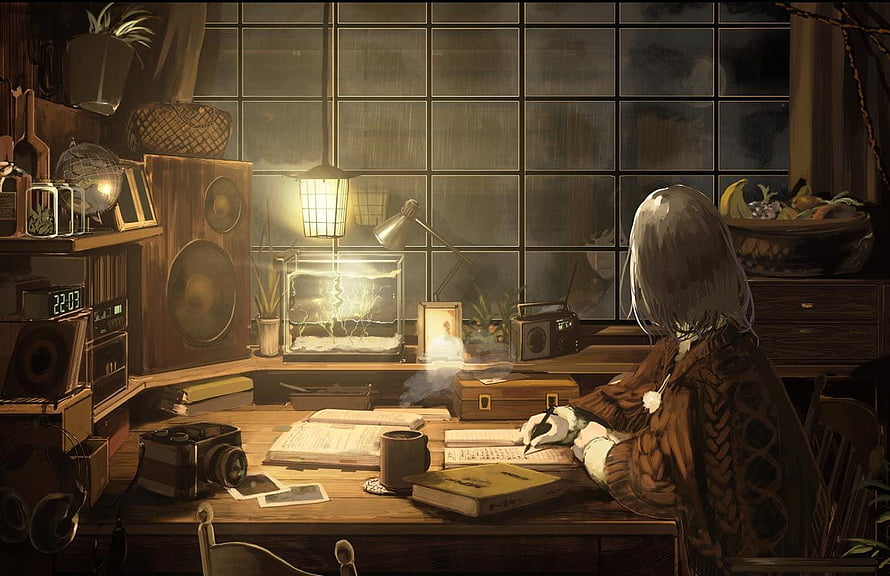 Cozy Study Room at Night with Warm Lighting and Vintage Decor HD wallpaper