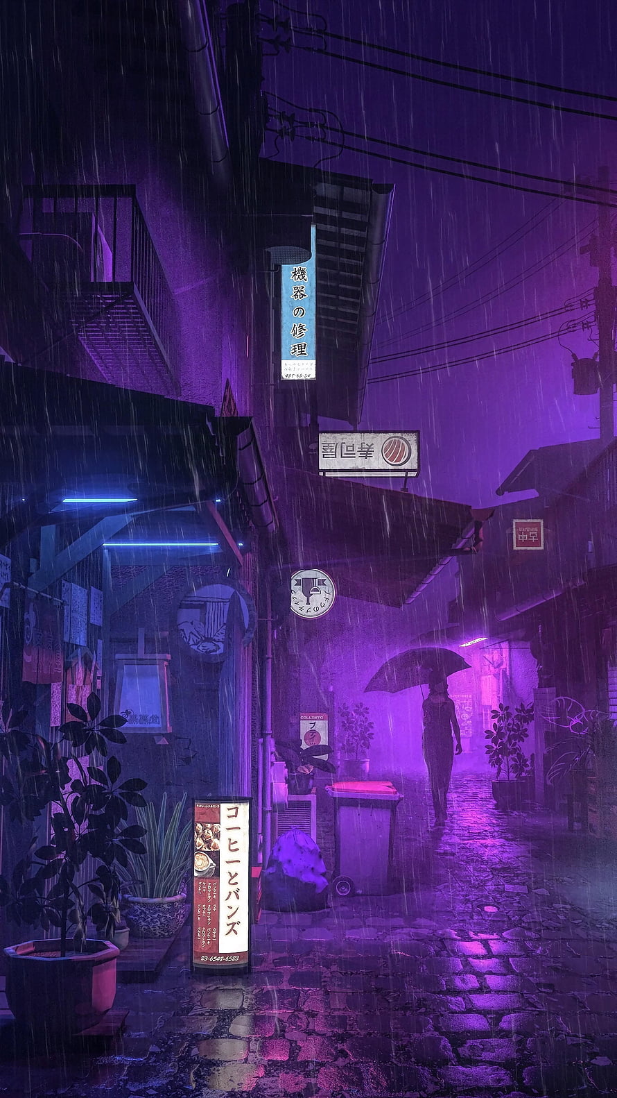 Atmospheric purple neon alleyway in the rain with a lone figure walking under an umbrella past glowing signs HD phone wallpaper
